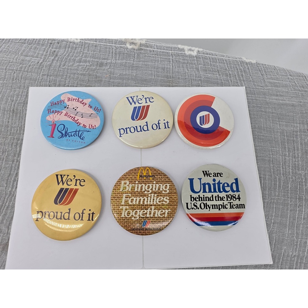 Vintage United Airlines Pinback Button Lot 1984 Olympics McDonalds 6pc Set